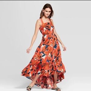 Hi Low Maxi Dress Size XS Floral Navy Pink Ruffle Sleeveless WHOWHATWEAR